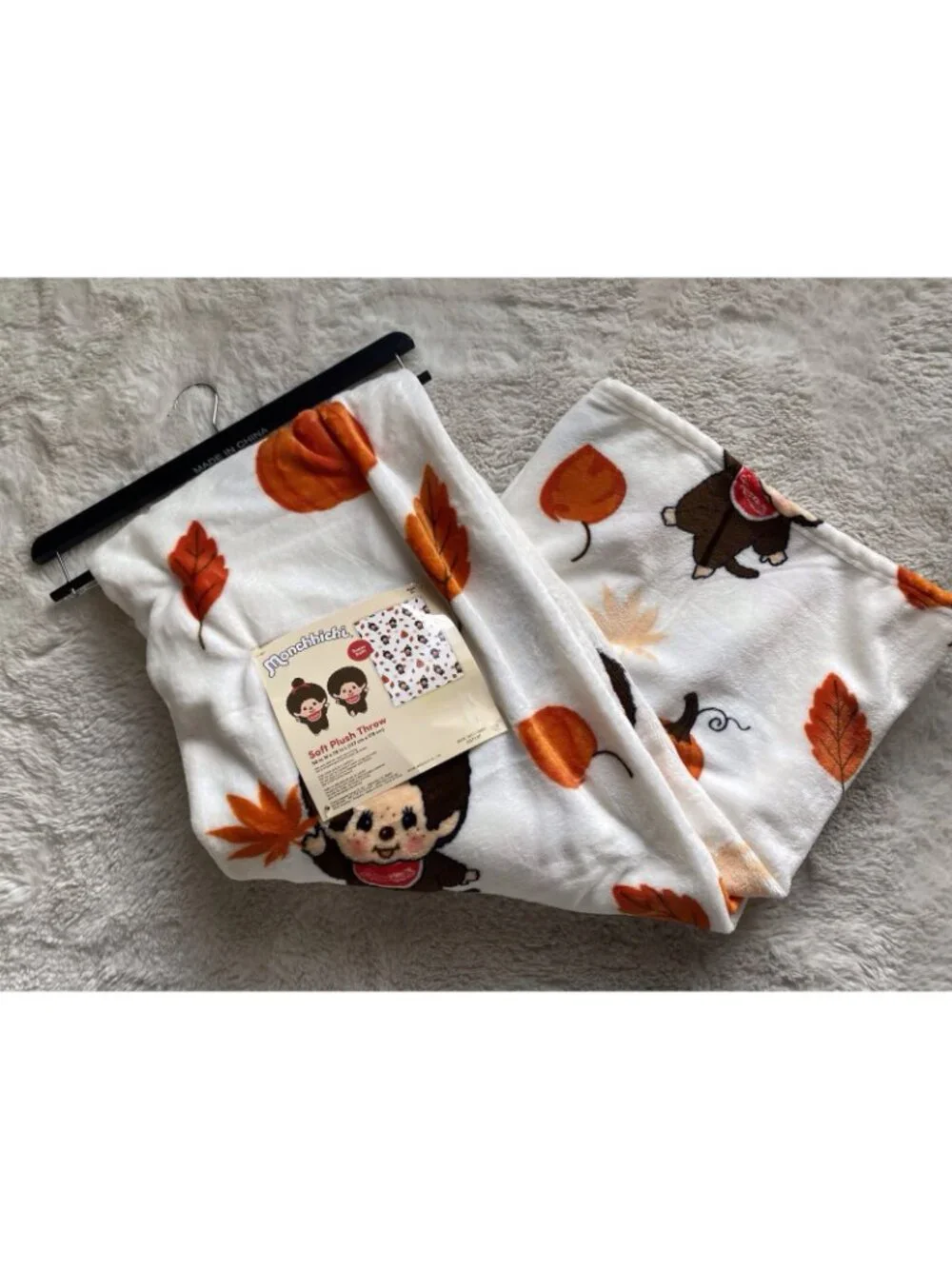 Monchhichi Autumn Fall Pumpkin Soft Plush Throw Blanket 50” X 70” NEW